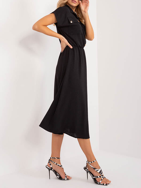 Buttoned Pleated Solid Color A-Line High Waisted Lapel Midi Dresses