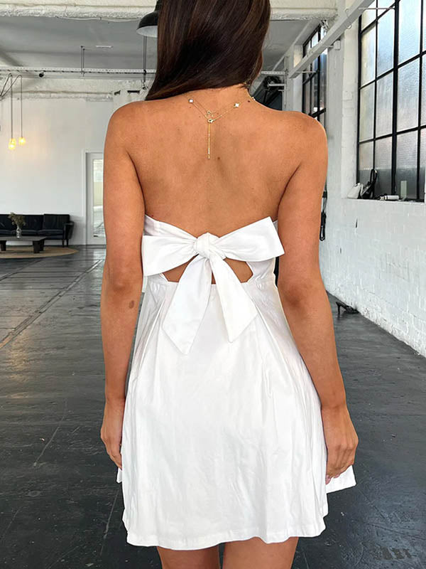 Backless Pleated Solid Color Split-Joint Tied A-line Loose Tube Mini Dresses