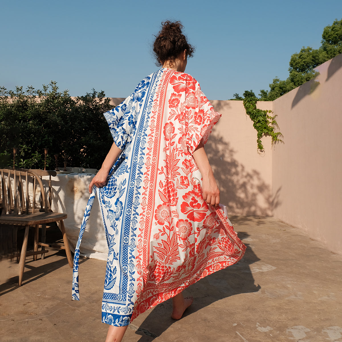 Flaxmaker Red Blue Mixed Floral Print Swimsuit and Cover Up