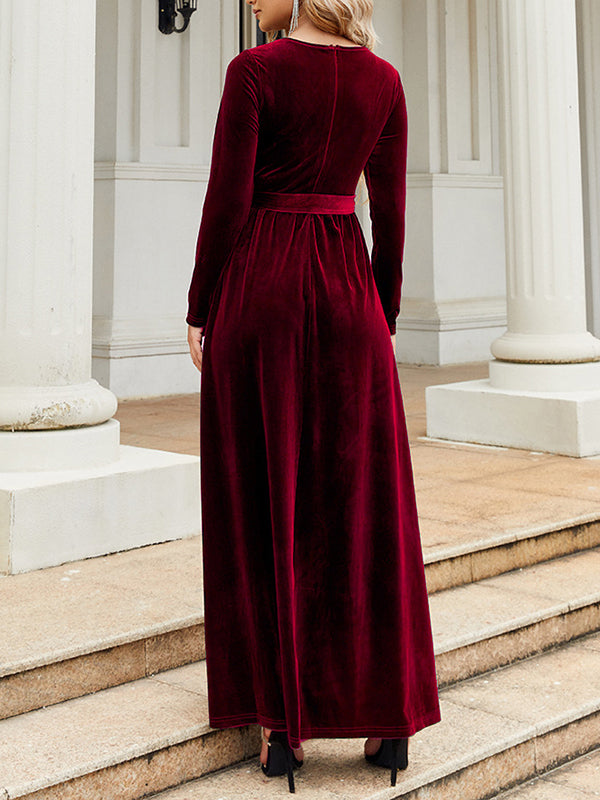 Belted Pleated Solid Color Zipper Long Sleeves Wrap Round-Neck Maxi Dresses
