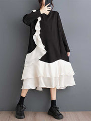 Contrast Color Pockets Ruffle Trim Split-Joint A-Line Long Sleeves V-Neck Midi Dresses