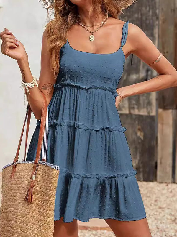 Jacquard Layered Pleated Solid Color Split-Joint A-Line Loose Spaghetti-Neck Mini Dresses