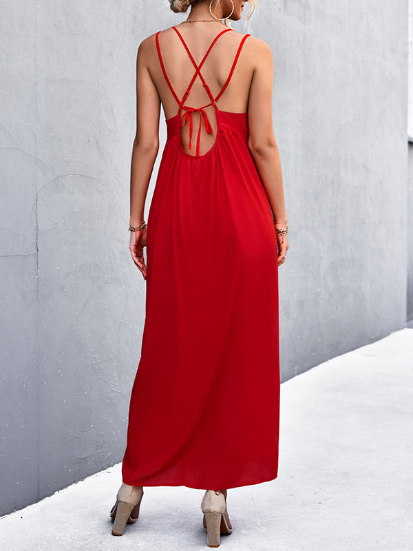 Backless Solid Color Tied A-Line High Waisted Deep V-Neck Slip Dress Midi Dresses