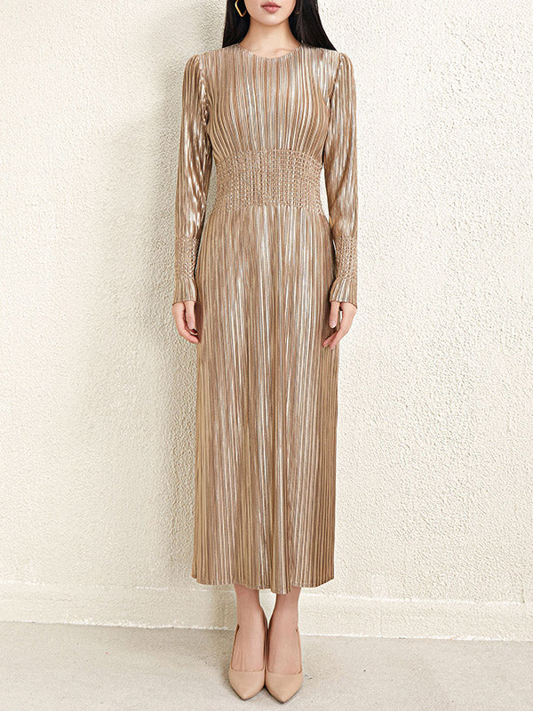 Bronzing Pleated Shiny Solid Color A-Line High Waisted Round-Neck Midi Dresses