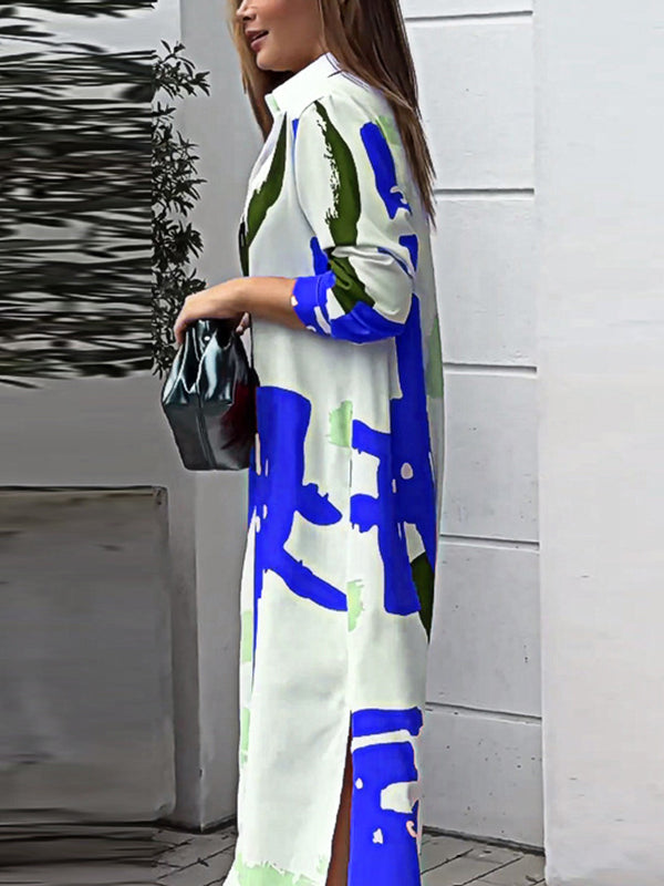 Buttoned Contrast Color Pockets Printed Split-Side Loose Wrap Shirt Dress