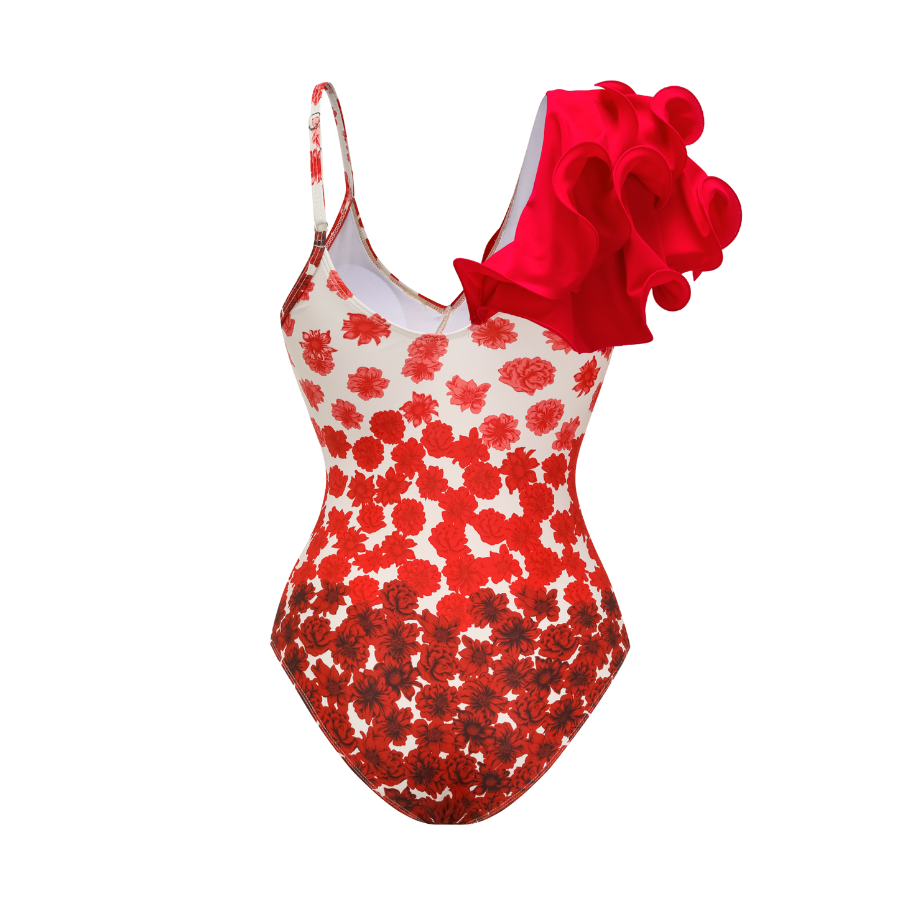 Flower Gradient Print One Shoulder Ruffle One Piece Swimsuit and Skirt (Shipped on Jan 14th)