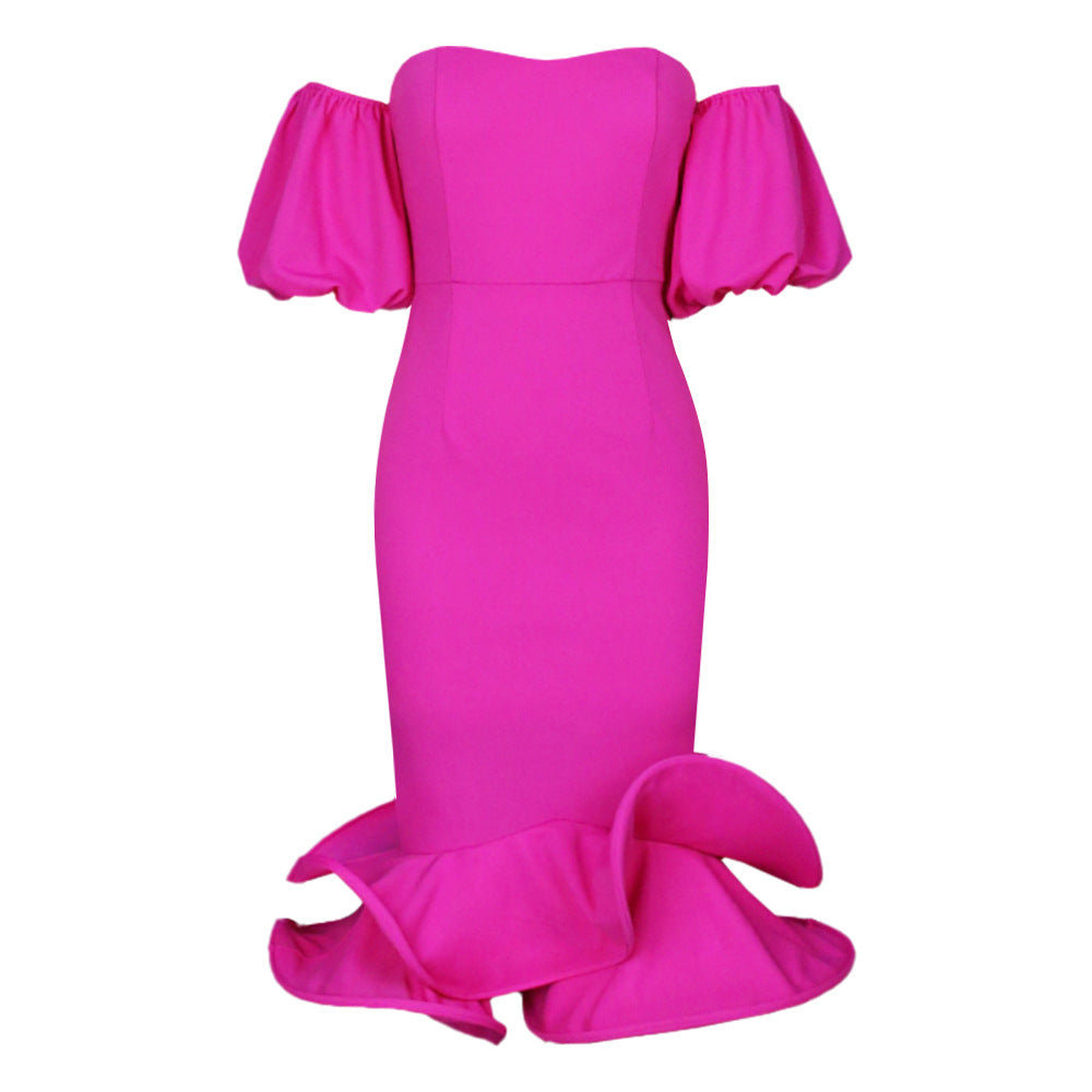Puff Sleeve 3D Petal Bandeau Pink Midi Dress Flaxmaker