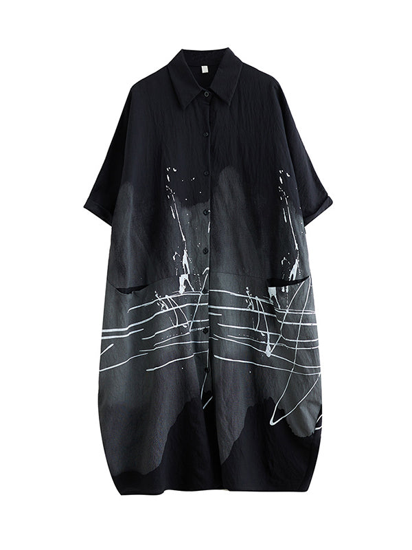 Printed Half Sleeves Loose Lapel Midi Dresses