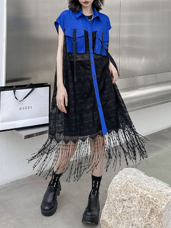 Sleeveless See-Through Split-Joint Tasseled Lapel Lace Midi Dresses