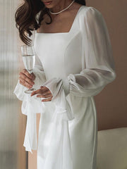 Gauze Pleated See-Through Solid Color Split-Joint Flared Sleeves Skinny Square-neck Maxi Dresses