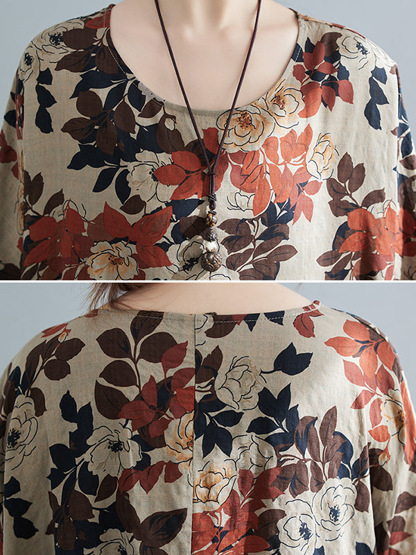 Floral Printed Loose Puff Sleeves Round-Neck Midi Dresses