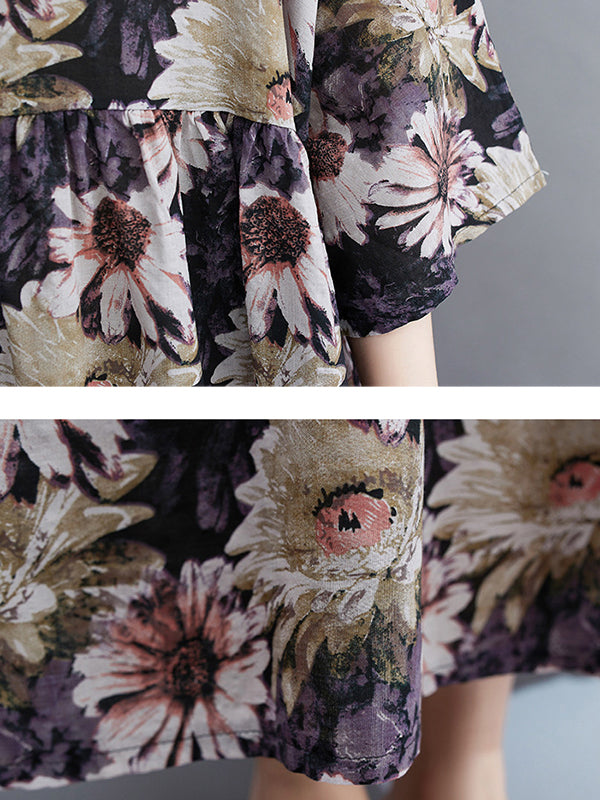 Floral Printed Pleated Split-Joint Loose Raglan Sleeve Round-Neck Midi Dresses