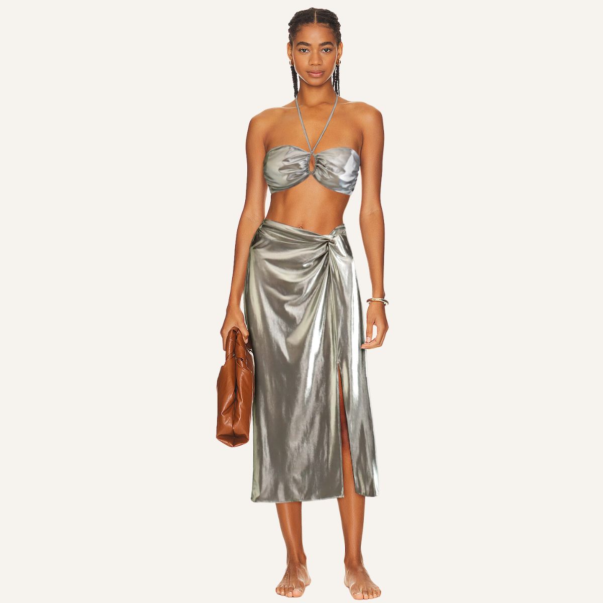 Halter Silver Solid Color Cami and Skirt Set