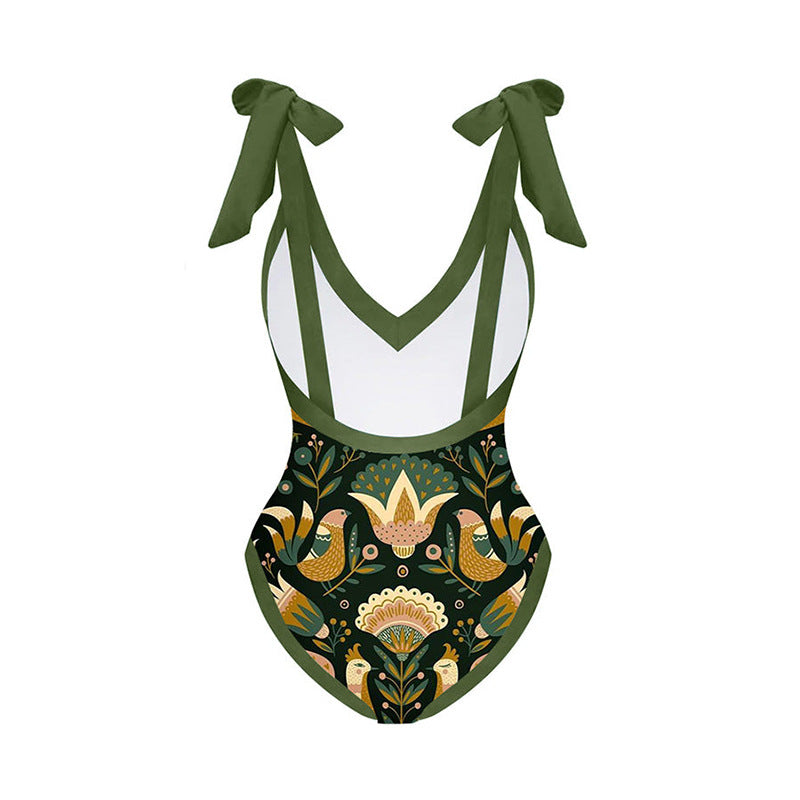 Printed Tie-shoulder One Piece Swimsuit and Sarong Flaxmaker