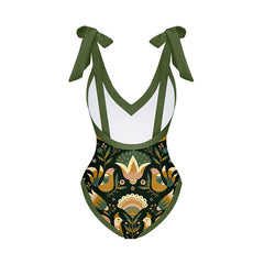 Printed Tie-shoulder One Piece Swimsuit and Sarong Flaxmaker