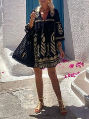 Embroidered Split-Joint Flared Sleeves Loose Deep V-Neck Mini Dresses