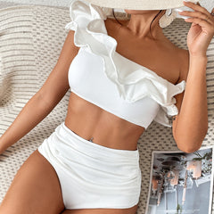 One Shoulder Ruffled White High Waist Bikini Swimsuit Flaxmaker