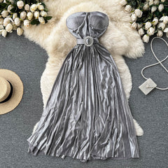 Flaxmaker Bandeau Backless Waist Shiny Party Dress
