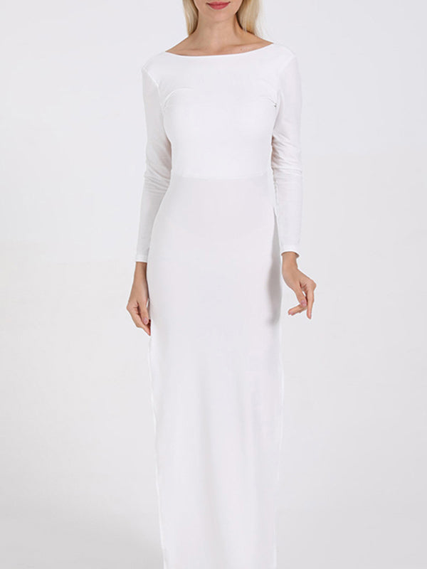 Backless Solid Color Split-Joint Split-Side Bodycon Long Sleeves Round-Neck Maxi Dresses