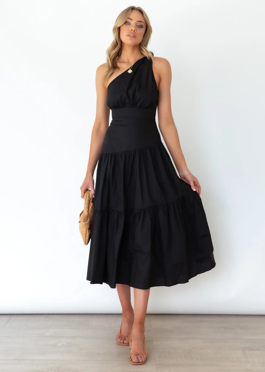 One Shoulder Solid Color Swing Dress