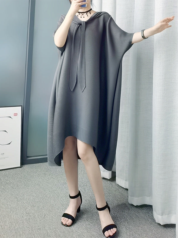 Lace-Up Pleated Batwing Sleeves Loose Hooded Midi Dresses