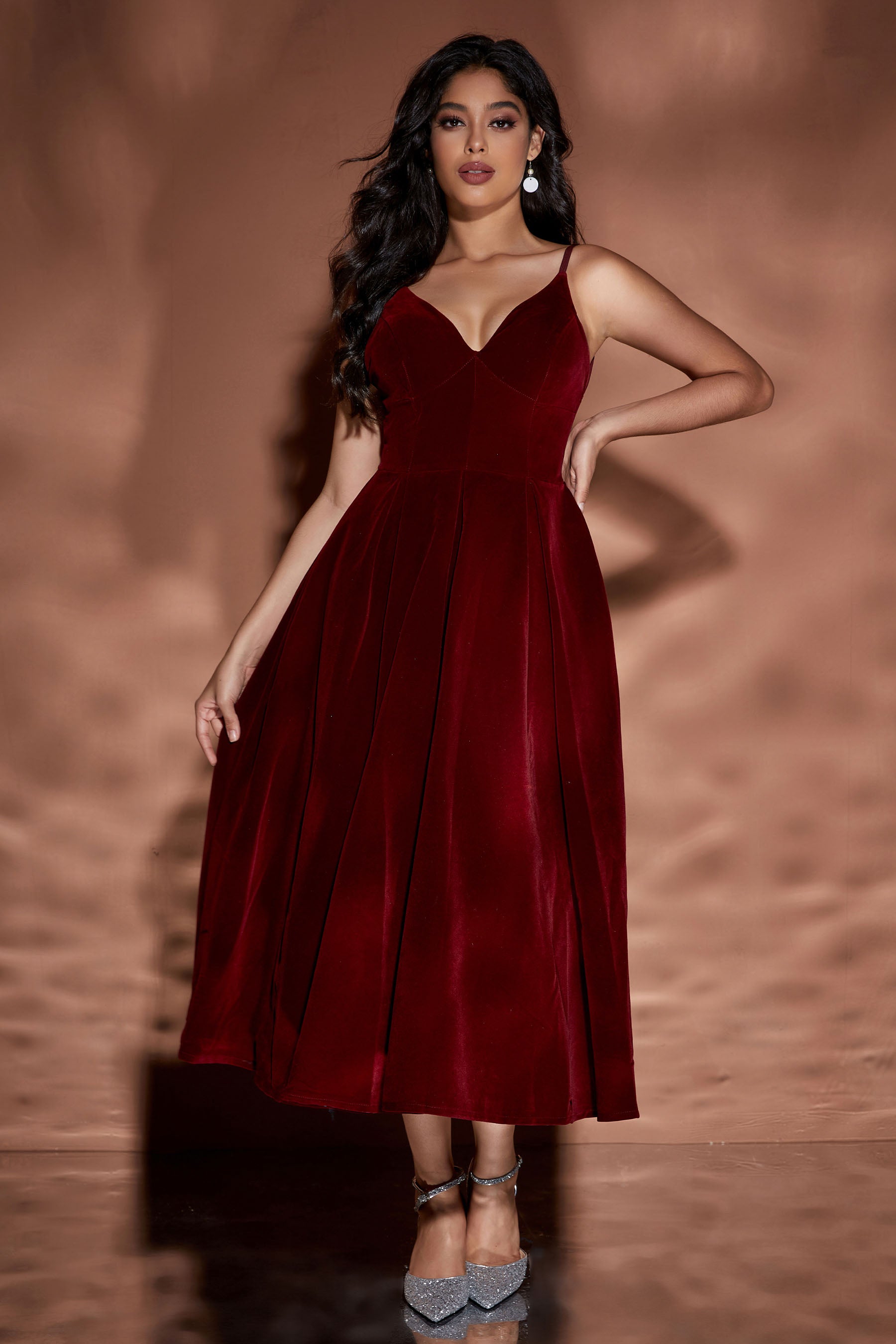Velour Sling V Neck Midi Puffy Dress