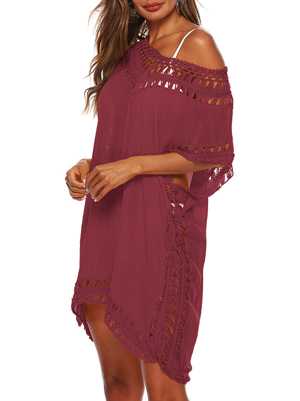 Hollow See-Through Solid Color Split-Joint Loose Raglan Sleeve V-Neck Mini Dresses