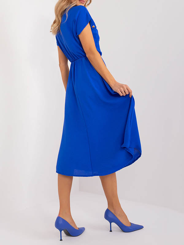 Buttoned Pleated Solid Color A-Line High Waisted Lapel Midi Dresses