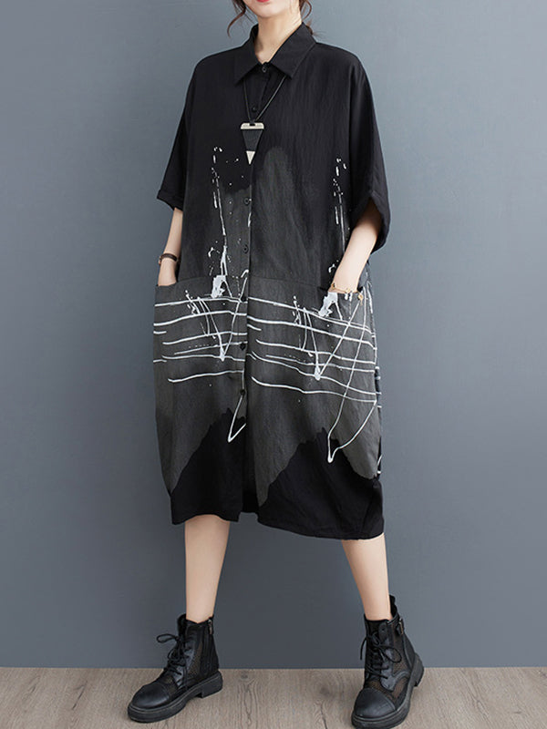 Printed Half Sleeves Loose Lapel Midi Dresses