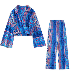 Flaxmaker Fashion Casual V Neck Printed Two Piece Set