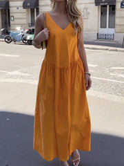 Pleated Solid Color Split-Joint A-Line Sleeveless V-Neck Maxi Dresses