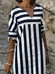 A-Line Loose Contrast Color Striped V-Neck Mini Dresses
