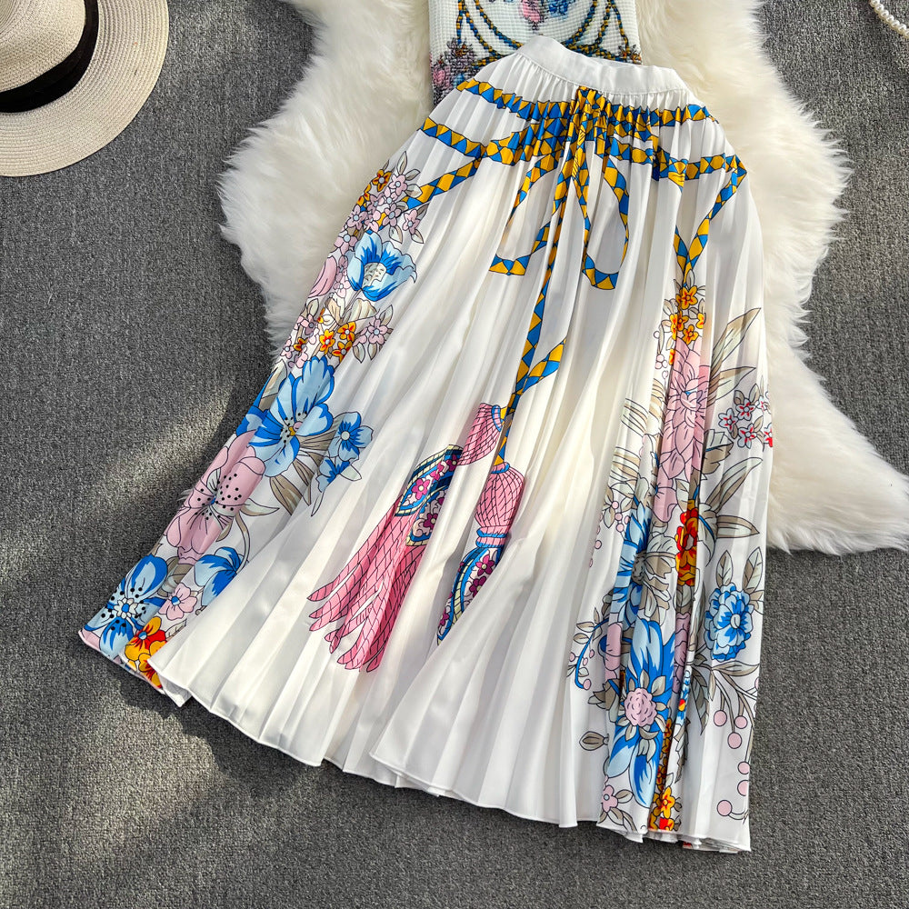 Fashion Printed Pleated Slim Top and Skirt Set Flaxmaker
