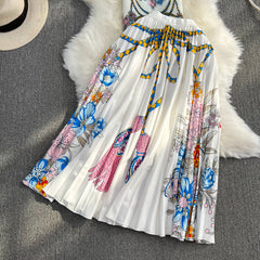 Fashion Printed Pleated Slim Top and Skirt Set Flaxmaker