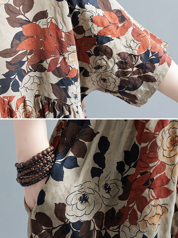 Floral Printed Loose Puff Sleeves Round-Neck Midi Dresses