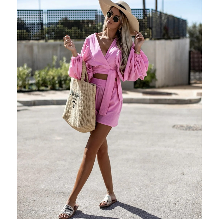 V Neck Lace Up Solid Color Shorts Two Piece Set