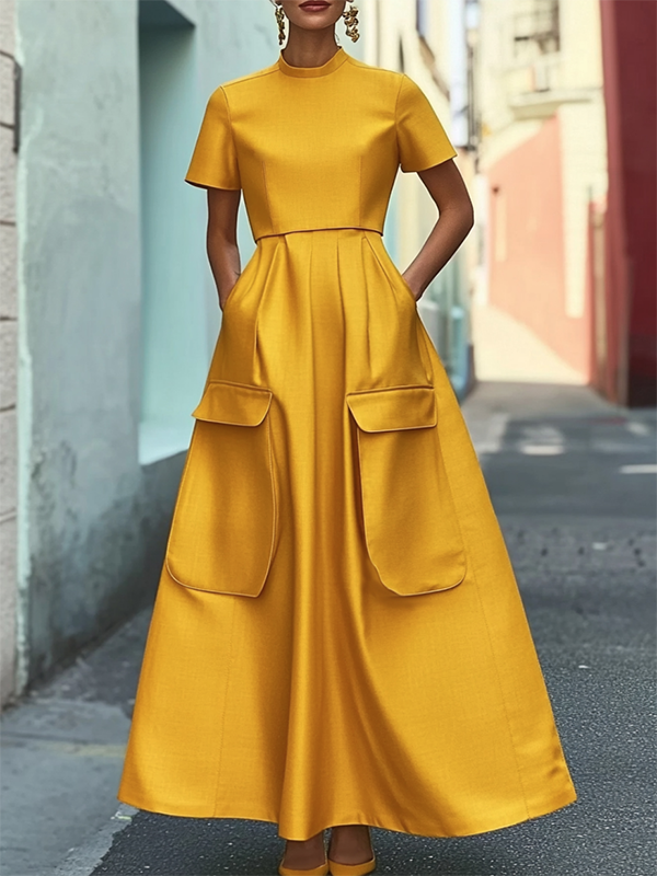 Pockets Solid Color Short Sleeves Stand Collar Maxi Dresses