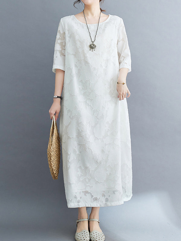 Jacquard See-Through Solid Color Loose Three-quarter Sleeves Round-neck Midi Dresses