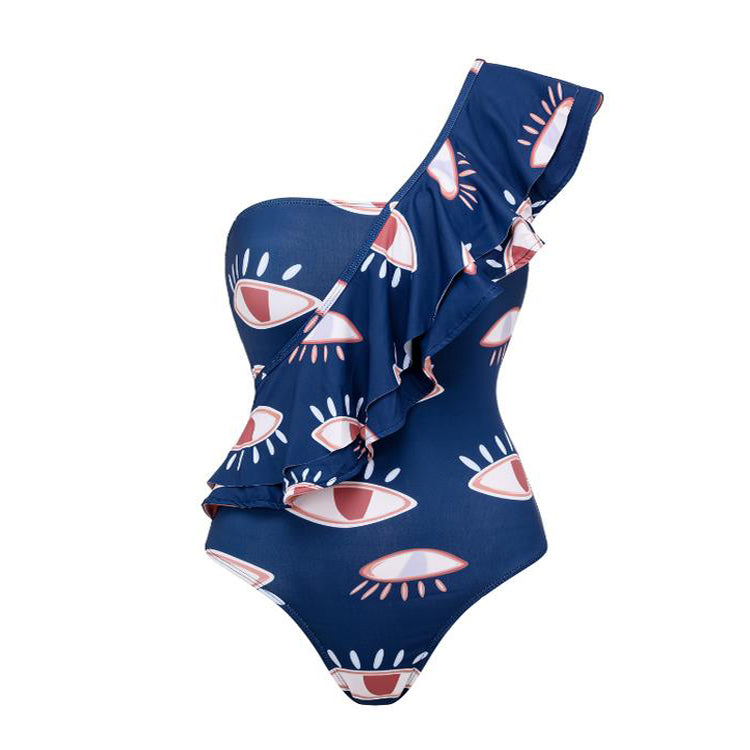 Flaxmaker Plus Size One Shoulder Ruffle Eye Print One Piece Swimsuit and Sarong