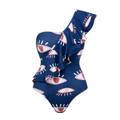 Flaxmaker Plus Size One Shoulder Ruffle Eye Print One Piece Swimsuit and Sarong