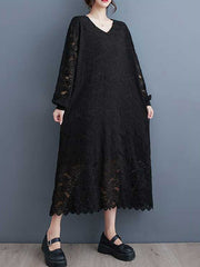 Jacquard Bishop Sleeve Long Sleeves V-Neck Midi Dresses