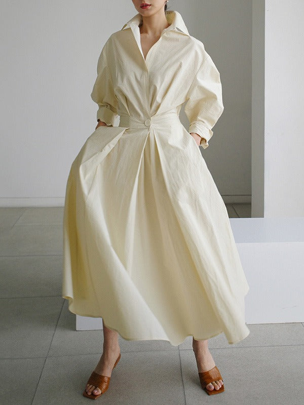 Long Sleeves Loose Pleated Solid Color Split-Joint Tied Waist Lapel Midi Dresses Shirt Dress