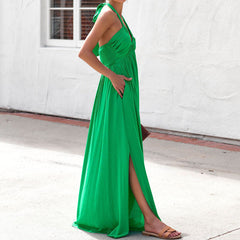 Halter Solid Color V Neck Maxi Dress