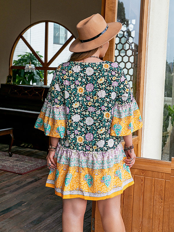 Bohemia Loose Flared Sleeves Floral Printed V-Neck Mini Dresses