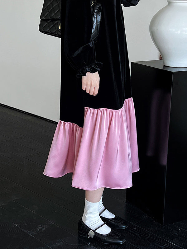 Contrast Color Pleated Ruffled Split-Joint Velvet Flared Sleeves Long Sleeves Round-Neck Midi Dresses