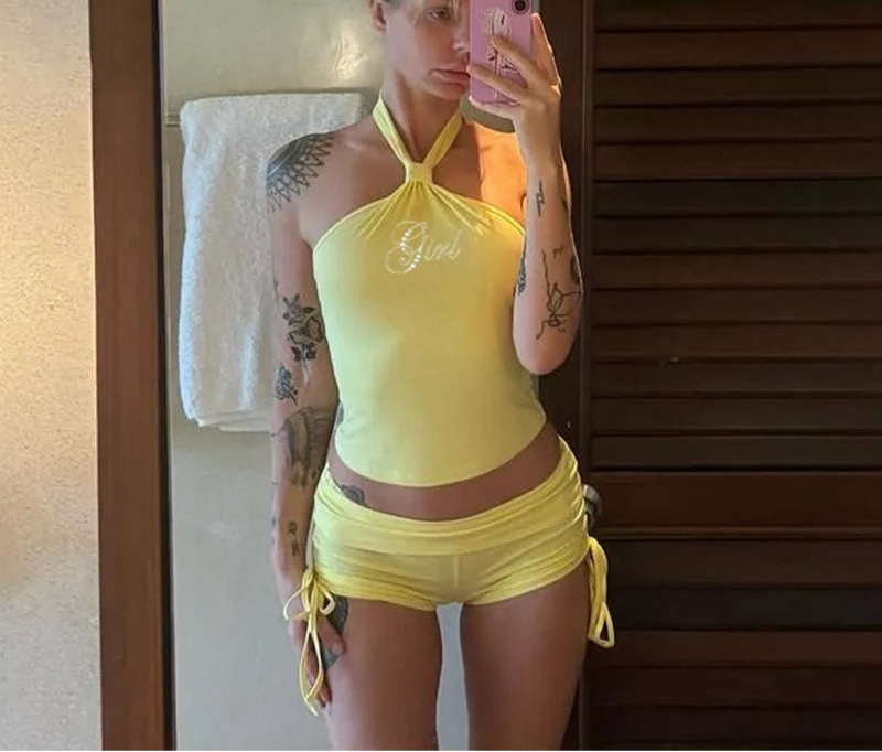 Halter Rhinestone Top & Drawstring Shorts Co-Ord Set - Streetwear Slim Fit
