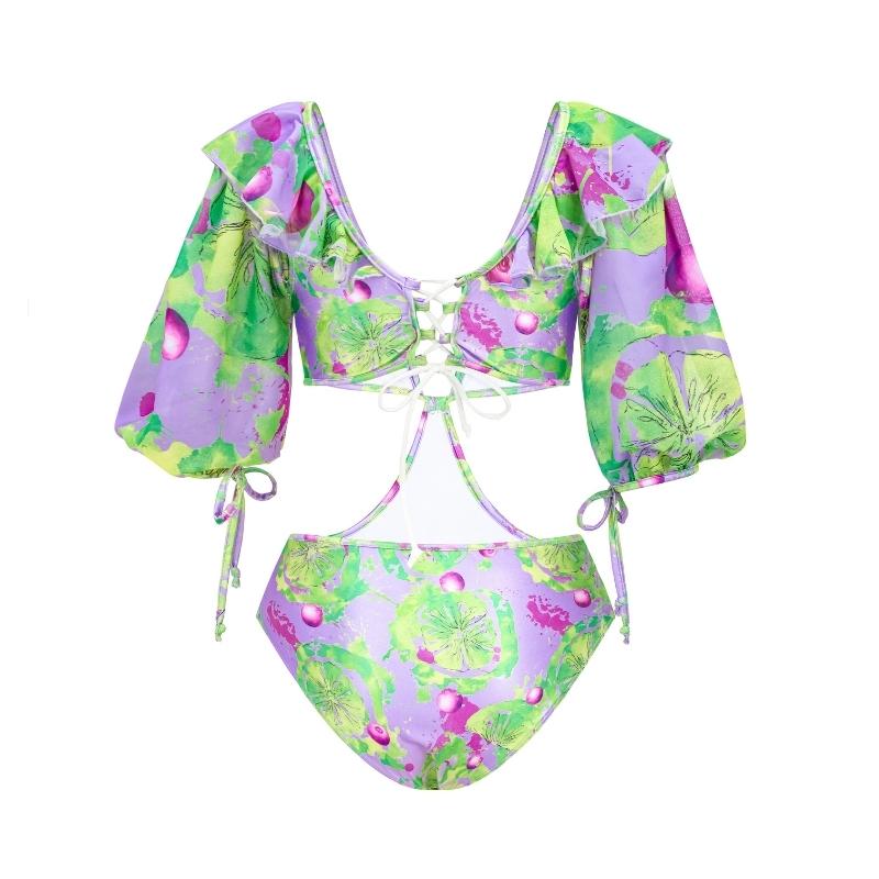 Removable Sleeves Printed One Piece Swimsuit and Skirt Flaxmaker