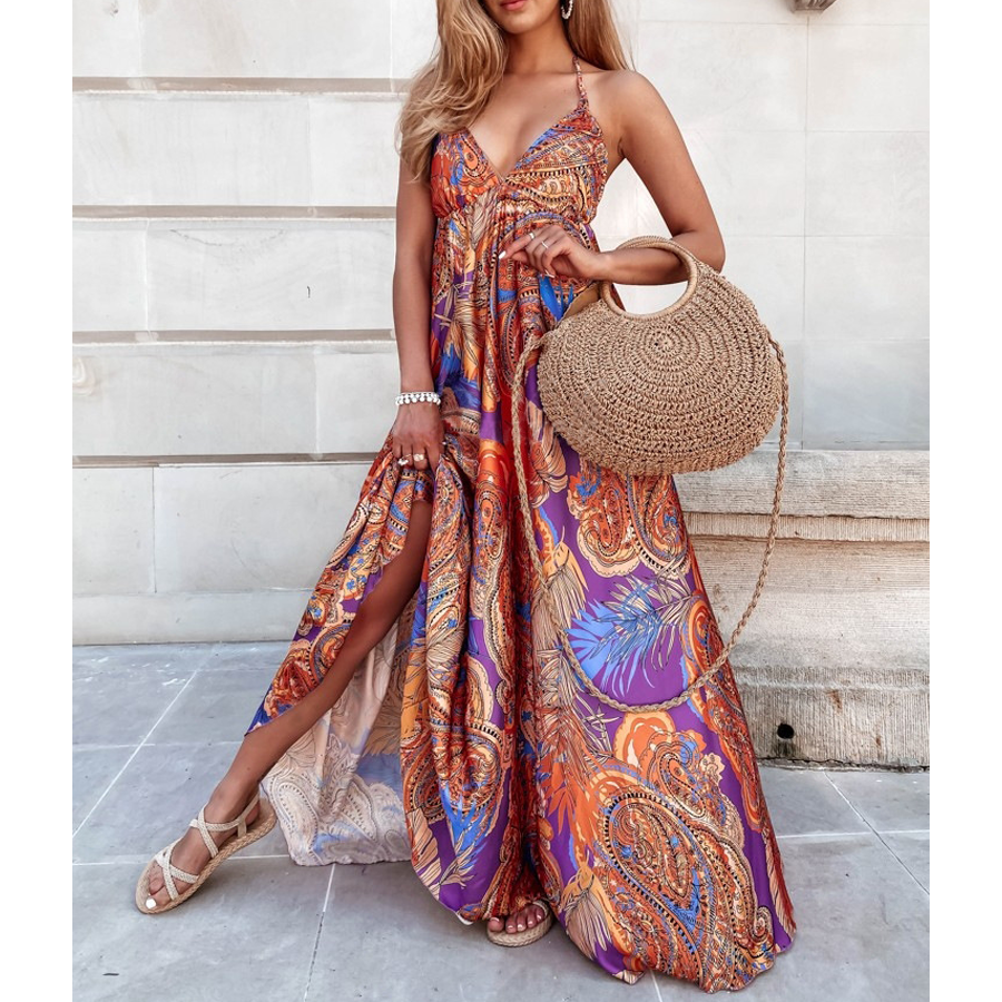 V Neck Blossom Printed  Backless Sling Dress