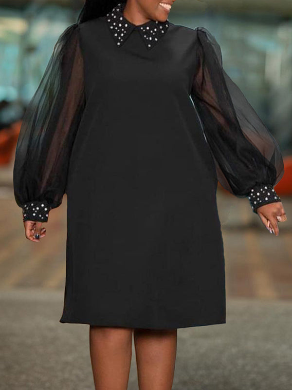 Beads Mesh Solid Color Split-Joint Puff Sleeves Round-neck Midi Dresses