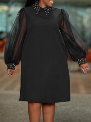 Beads Mesh Solid Color Split-Joint Puff Sleeves Round-neck Midi Dresses